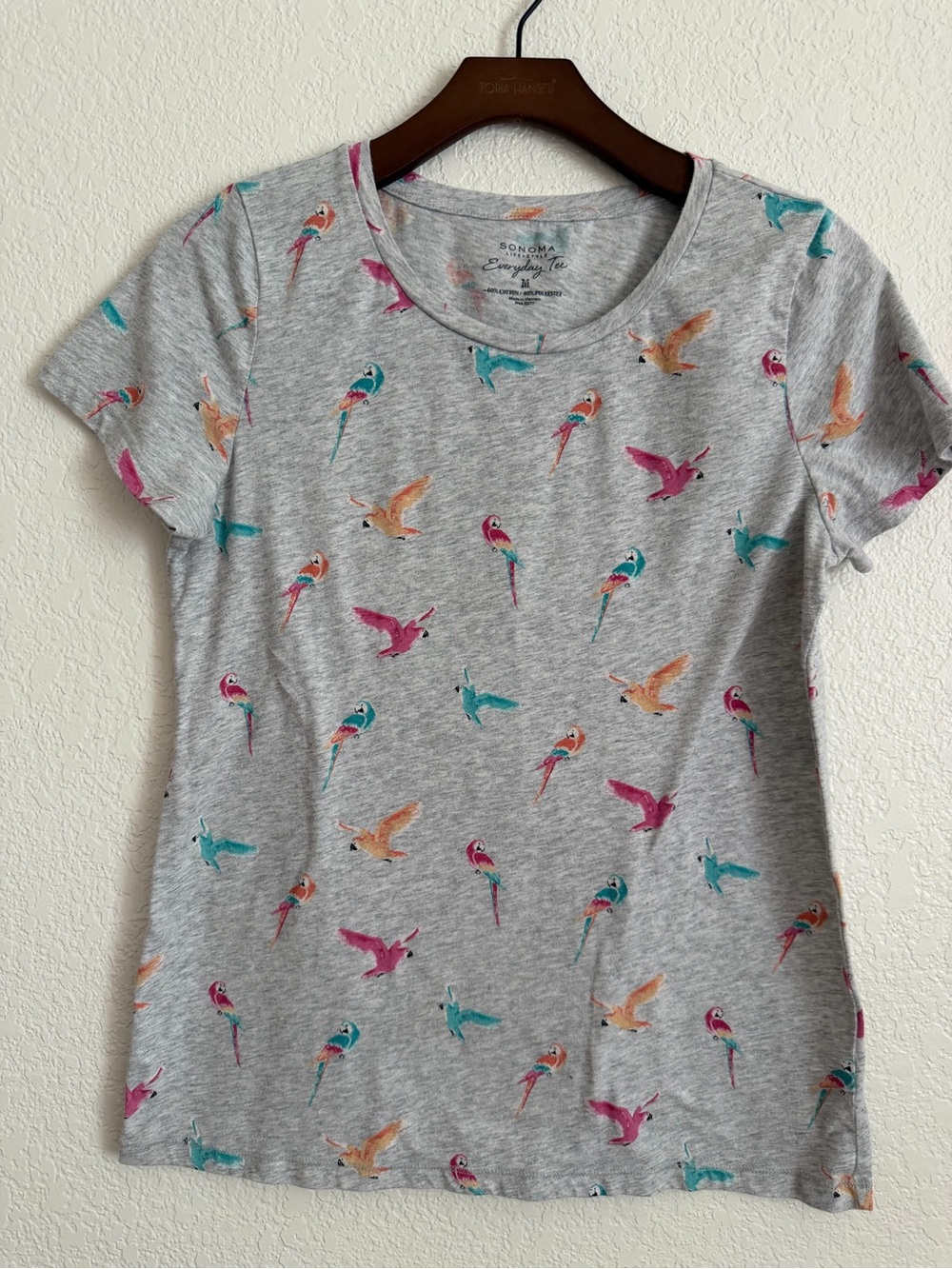 Sonoma Gray Tee with Teal Pink and Orange Parrot Print